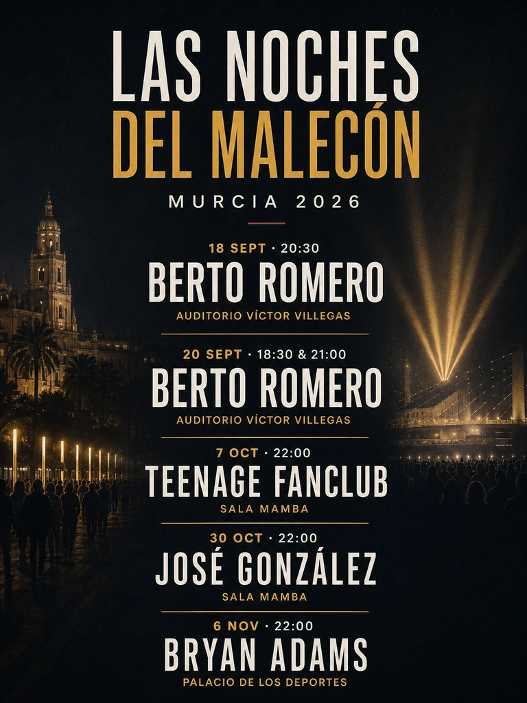 Affiche voor het resterende programma van Las Noches del Malecón 2026 met Berto Romero, Teenage Fanclub, José González en Bryan Adams